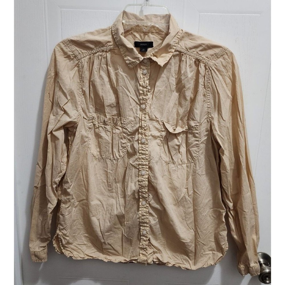 J. Crew Women's Button Up Shirt Pleated Ruffle 2 Pocket Long Sleeve Beige Sz 10